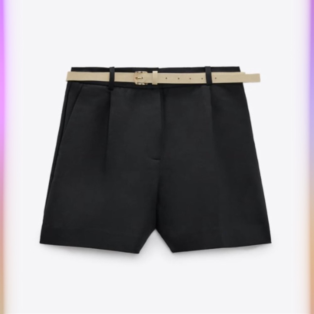Zara Black High-Waist Tailored Shorts with Beige Belt